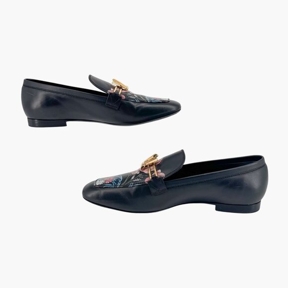 Louis Vuitton Upper Case LV Black Leather Floral Loafers Flat Size 37 US 7 Women - Picture 10 of 15